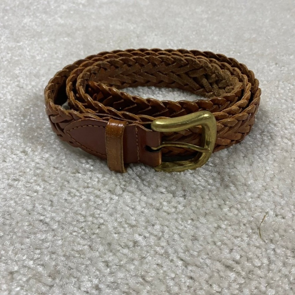 VTG Braided Belt Mens 36 Genuine Leather Cognac Brown Woven Solid Brass Buckle
